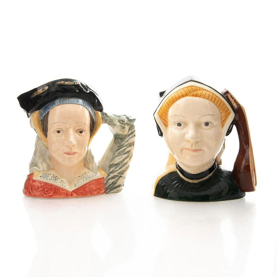 2 DOULTON LG CHARACTER JUGS, ANNE OF CLEVES, JANE: D6646 Anne of Cleves Ears Up, D6653. Stamped on bottom. Issued: 20th c. Dimensions: 7"H, tallest Manufacturer: Royal Doulton Country of Origin: England
