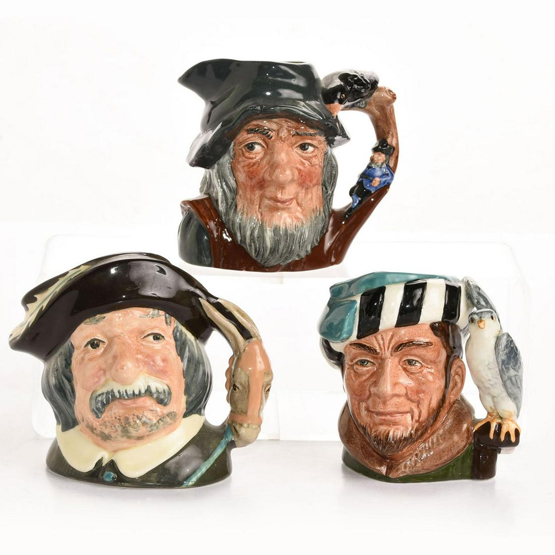 3 ROYAL DOULTON SMALL CHARACTER JUGS: Includes the Falconer, Rip Van Winkle and Sancho Panca. Sancho PancaÂ backstamp with factory mismarked. Doulton backstamps. Issued: 20th c. Dimensions: 4.5"H, tallest Manufacturer: Royal Doulton Cou