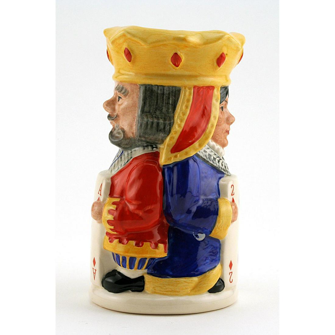 KING AND QUEEN DIAMOND D6969 - ROYAL DOULTON TOBY JUG: Royal Doulton Toby Jug, King/Queen Diamonds D6969 (King in red; Queen in blue; both wear yellow crowns). Designed by Stanley J. Taylor. Series: Suites From Playing Cards; Two-sided Tobies, issued 1994