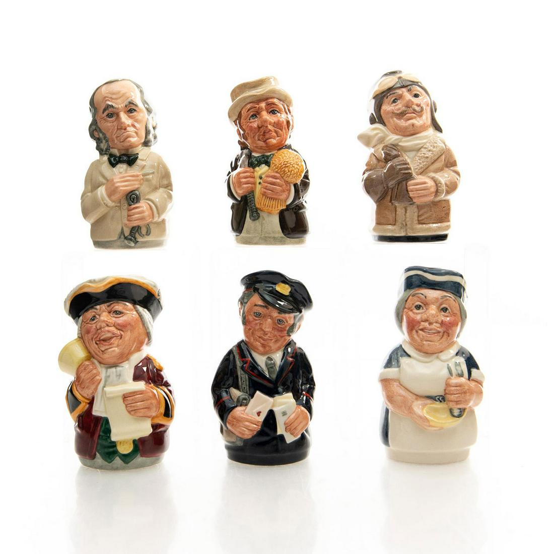 6 SM ROYAL DOULTON TOBY CHARACTER JUGS: The Doultonville Collection Toby jugs. Doulton backstamp. The Pilot, The Farmer, The Physician, The Postman, The Town Crier, The Nurse. Issued: 20th c. Dimensions: 4"H, tallest Manufacturer: Royal Dou