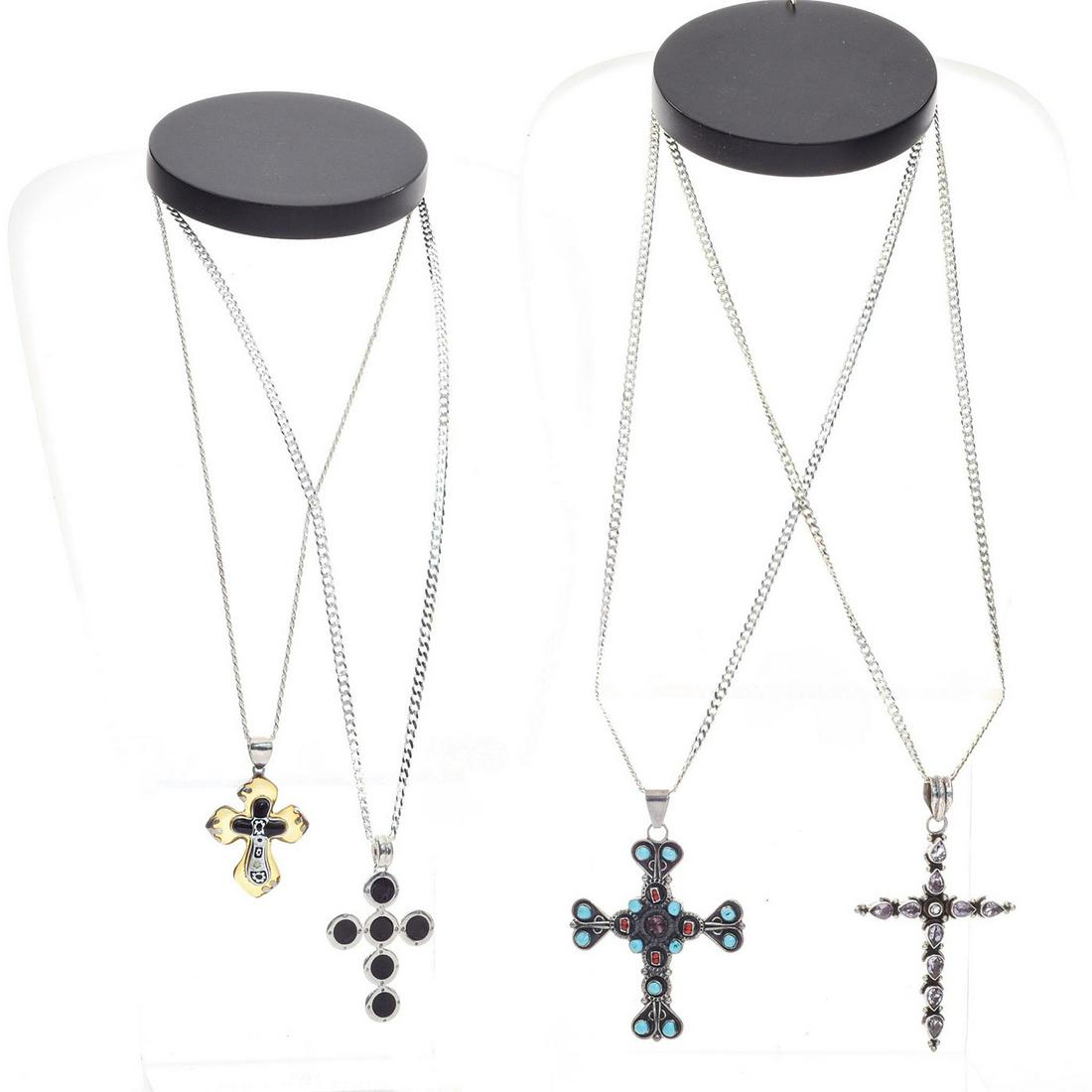 GROUP OF 4 925 SILVER PENDANT CROSS CHAINS: Inclusions of semiprecious stones, including turquoise & coral. Issued: c. 1980 Dimensions: 2.75"H x 2.5"W, largest Provenance: David Farin Collection