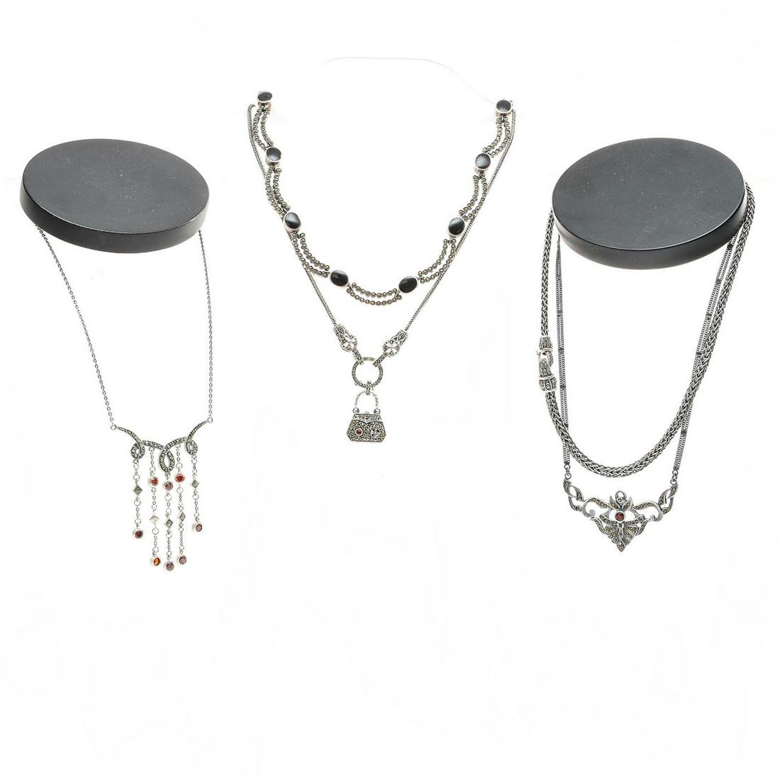 5 STERLING SILVER AND MARCASITE NECKLACES: 3/5 stamped 925. Total weight is approximately 121.5g. Issued: 20th c. Dimensions: 17.5"L, longest Provenance: David Farin Collection