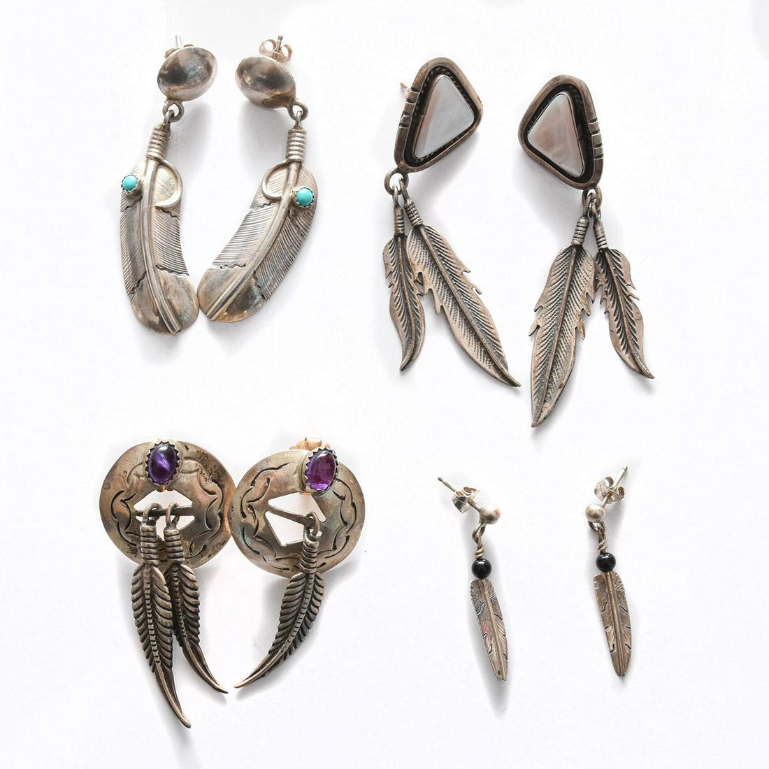 4 PAIRS, NATIVE AMERICAN STERLING SILVER EARRINGS: Each with feather design, inset stones. Total weight is approximately 29.9g. Issued: 20th c. Dimensions: 2.5"H, largest Country of Origin: United States Provenance: David Farin Collection