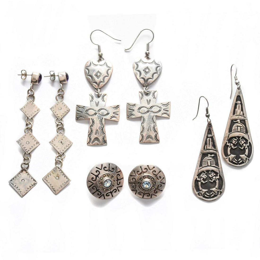 4 PAIRS, NATIVE AMERICAN STYLE STERLING SILVER EARRINGS: Stamped designs, w. inset stones. Total weight is approximately 47.4g. Issued: 20th c. Dimensions: 3.25"H, largest Provenance: David Farin Collection