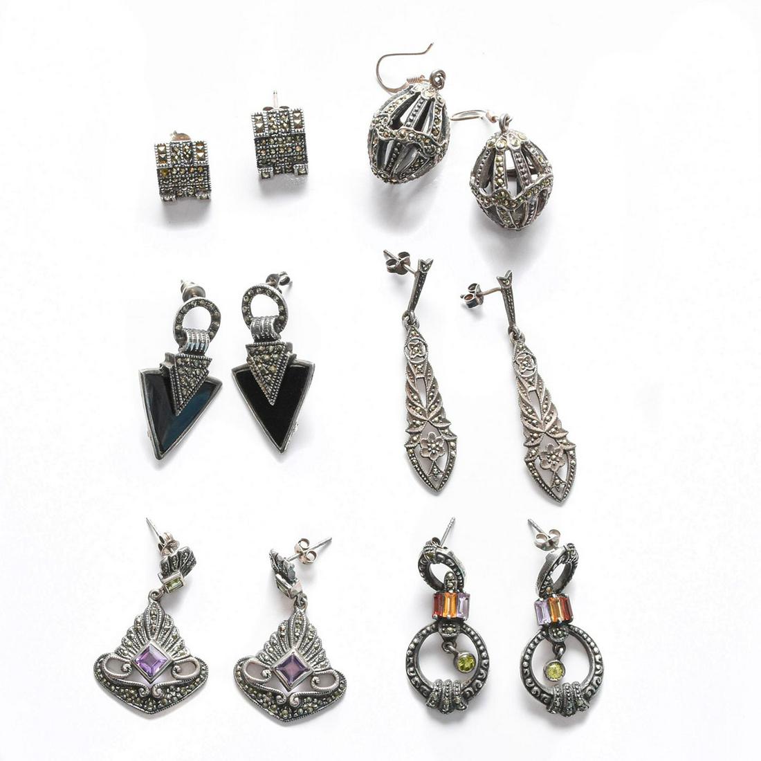 6 PAIRS, STERLING SILVER EARRINGS: Inset with marcasite, colored stones. 5/6 stamped 925. Total weight is approximately 51.1g. Issued: 20th c. Dimensions: 2"H, largest Provenance: David Farin Collection
