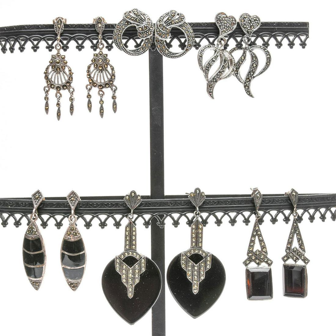 6 PAIRS, ART DECO STERLING SILVER MARCASITE EARRINGS: Each stamped 925. Total weight is approximately 48.2g. Issued: 20th c. Dimensions: 2.25"H, largest Provenance: David Farin Collection