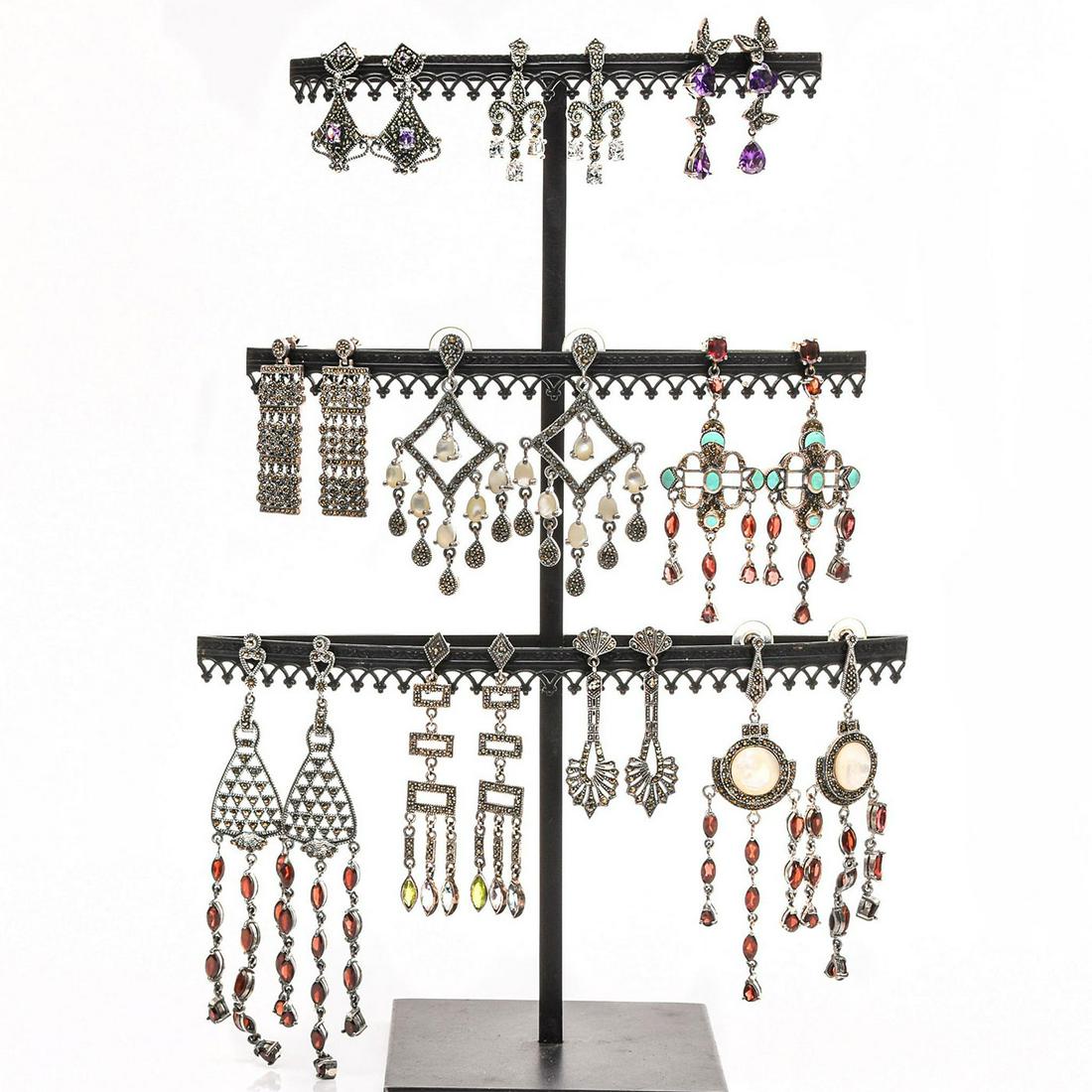 10 PAIR, ART DECO STERLING SILVER W. MARCASITE EARRINGS: Includes turquoise, garnet, shell, and other stones. Total weight is approximately 158.3g. Issued: 20th c. Dimensions: 4"H, largest Provenance: David Farin Collection