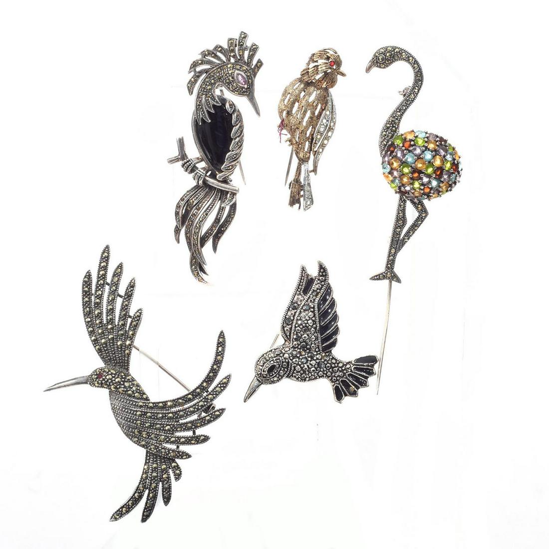 GROUP OF 5 VINTAGE MARCASITE PENDANT BROOCH PINS: A grouping of bird themed jewelry, each with stones. Issued: c. 1980 Dimensions: 3.25"L, largest Provenance: David Farin Collection