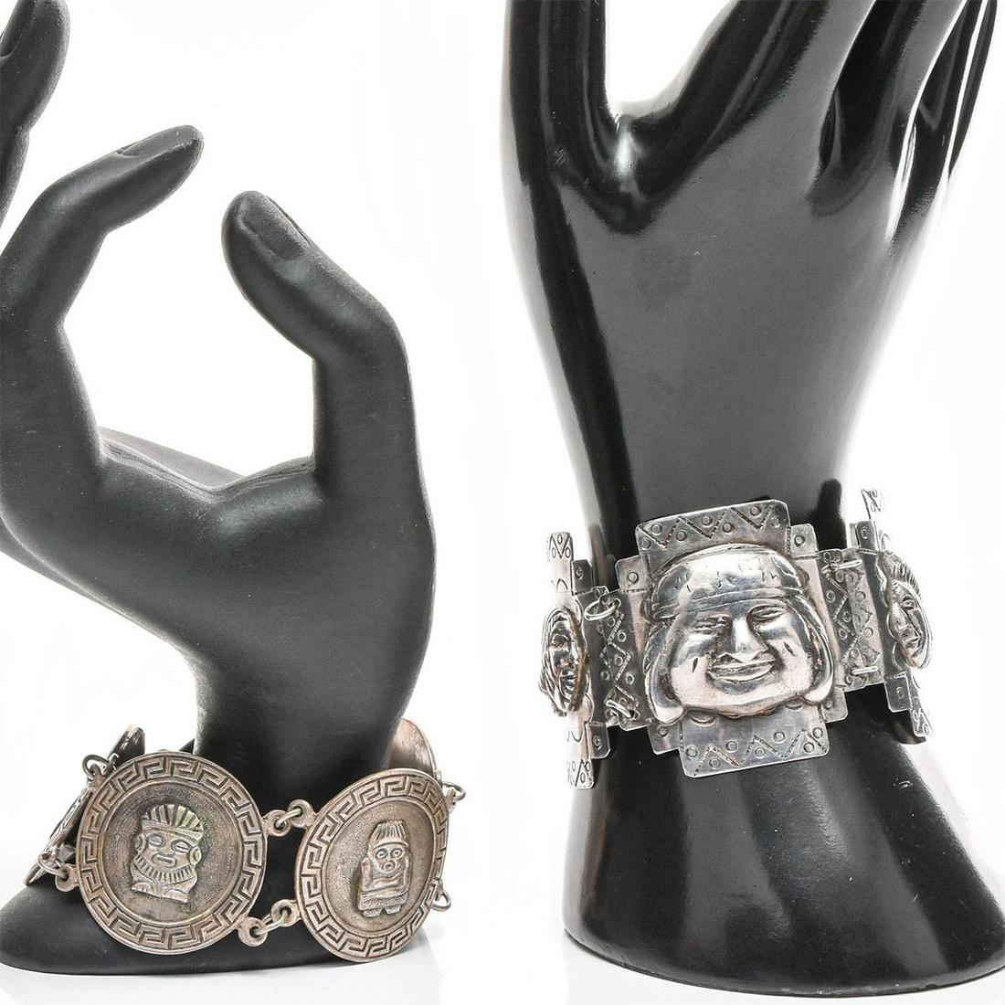 2 PERUVIAN SILVER LINK BRACELETS: 925 and 900 silver, with raised figural designs. Total weight is approximately 110.9g. Issued: 20th c. Dimensions: 7"L, longest Country of Origin: Peru Provenance: David Farin Collection