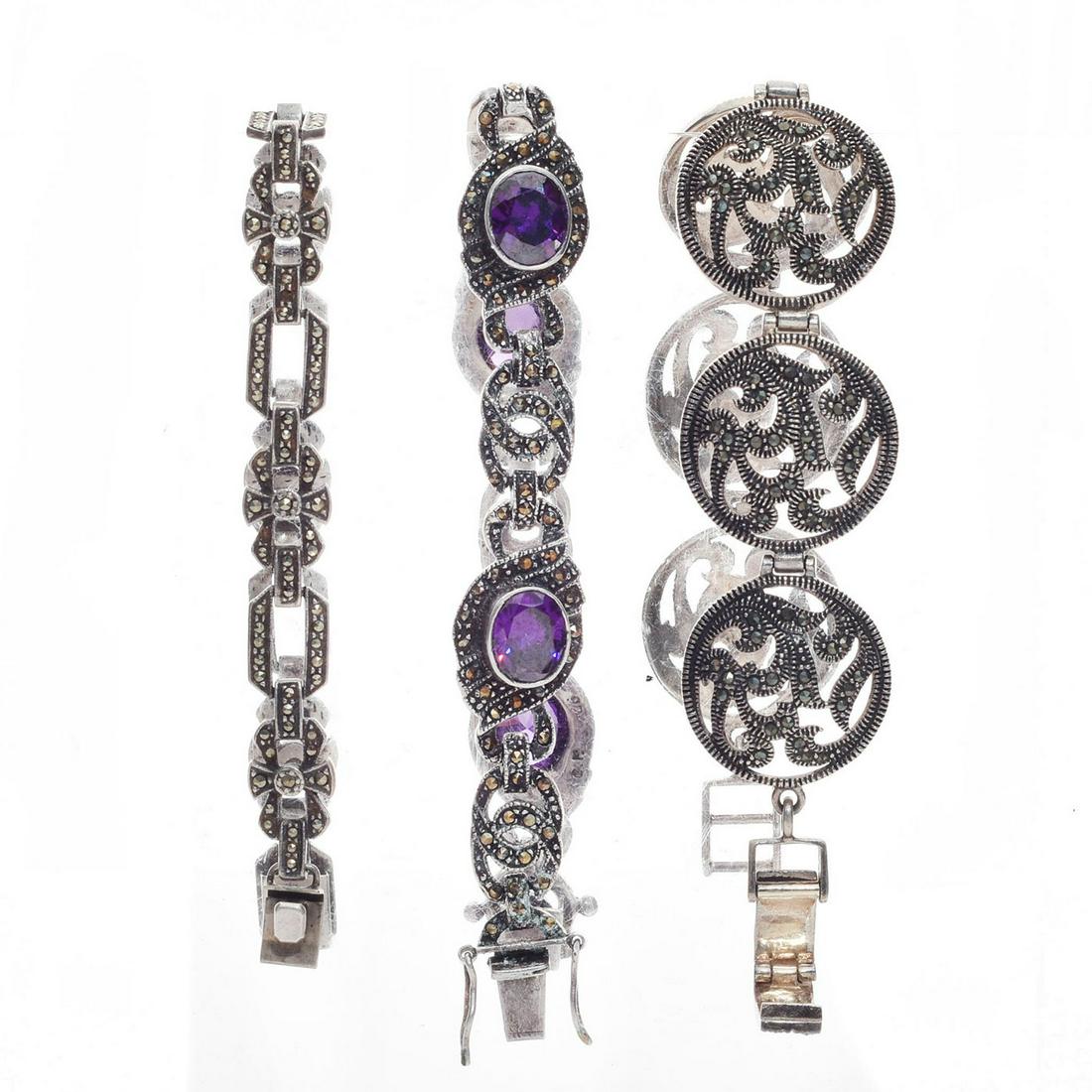 3 MARCASITE STYLED BRACELETS WITH RETICULATED DESIGN: Hand molded jewelry with delicate designs. Total weight 67g. Issued: 20th C. Dimensions: 7.5"C Provenance: David Farin Collection