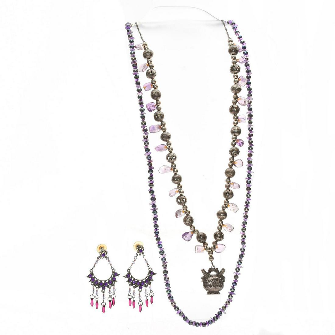 AMETHYST NATURAL STONED NECKLACES AND EARRING SET: 2 necklaces with tribal pendent. Total weight 140g. Necklace sizes 34"C and 26"C. Issued: 20th c. Dimensions: 140g. Provenance: David Farin Collection