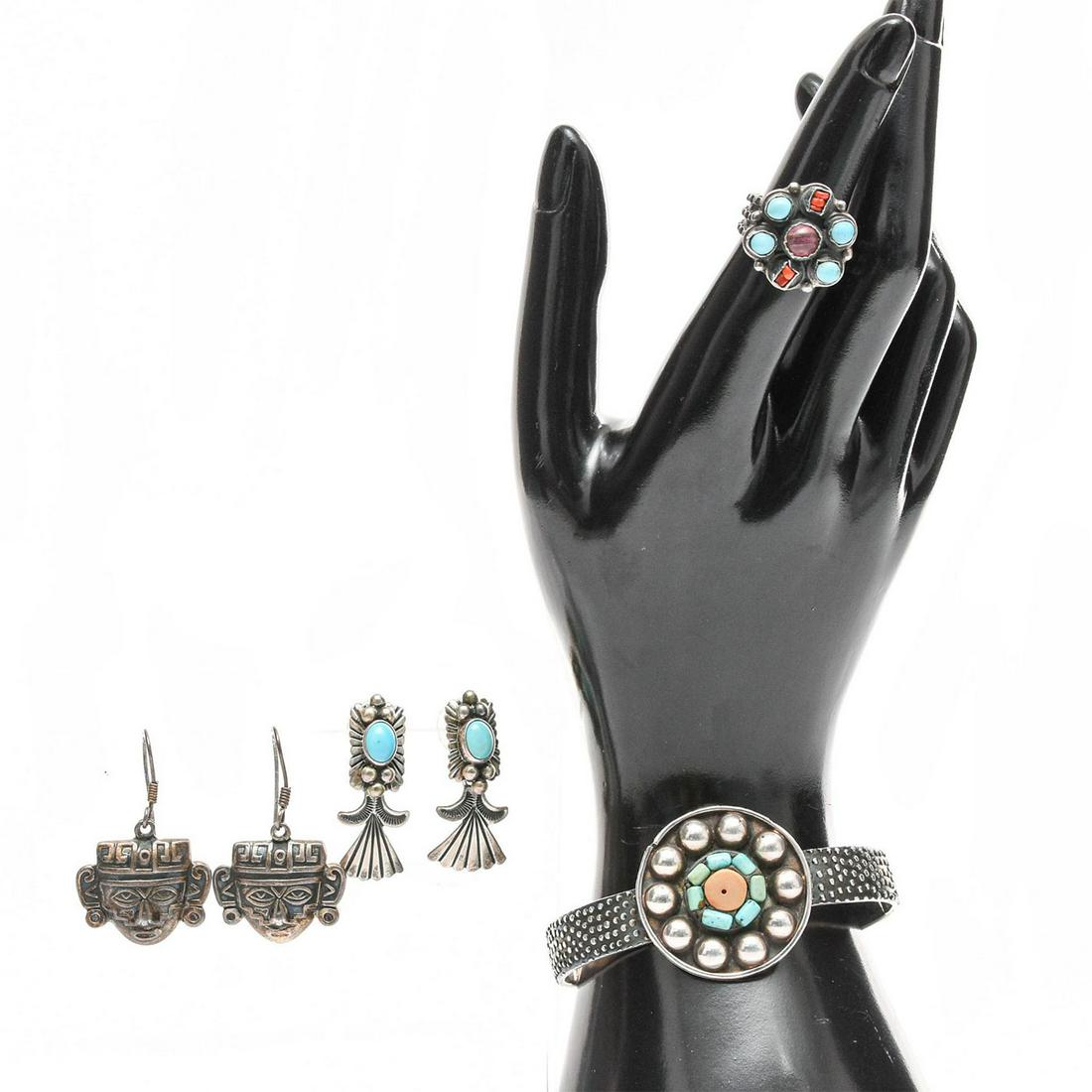 MEXICAN SILVER NATIVE JEWELRY SET WITH TURQUOISE AND: Stamped 925. Bracelet, ring and 2 earring sets. Total weight 74g. Bracelet size 7"C, ring size 5. Issued: 20th c. Dimensions: 74g. Provenance: David Farin Collection