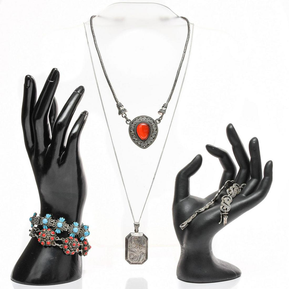 3 STERLING SILVER BRACELETS, 2 NECKLACES: Inset w. red, blue, marcasite stones. Each stamped 925. Total weight is approximately 123.6g. Issued: 20th c. Dimensions: 24"L, longest Provenance: David Farin Collection