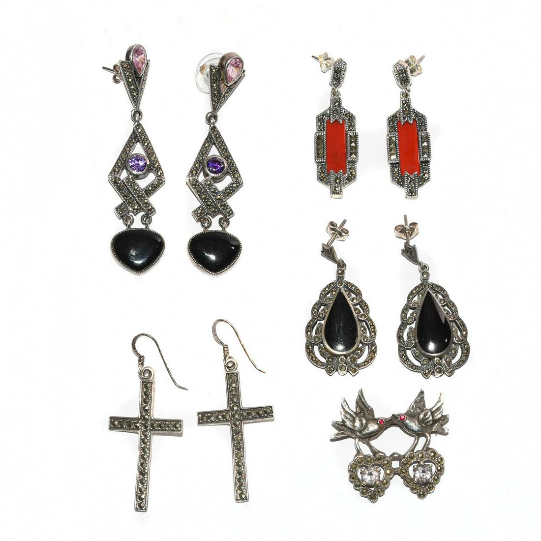 4 PAIR STERLING SILVER EARRINGS, BROOCH: Silver w. inset marcasite, colored stones. Total weight is approximately 48.3g. Issued: 20th c. Dimensions: 2.75"H, largest Provenance: David Farin Collection