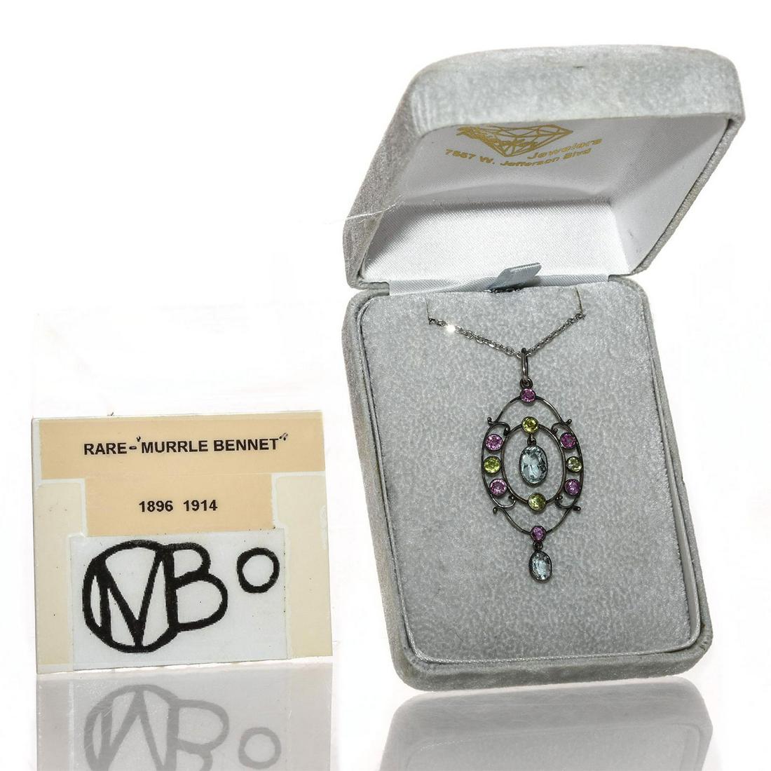 19TH C. ARTS AND CRAFTS MOVEMENT MURRLE BENNETT PENDANT: Late 19th century, chain and pendant with 12 semiprecious stones. Issued: c. 1900 Dimensions: 1.5"L x 1"W, pendant Country of Origin: United States