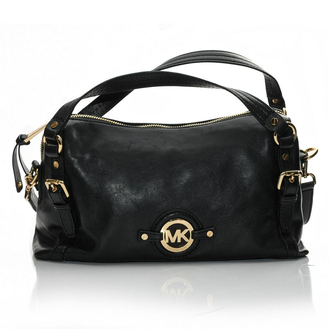 MICHAEL KORS BLACK LEATHER SATCHEL: Black leather purse with gold hardware and dual straps. Michael Kors black leather handbag with gold hardware. Inner black satin monogramed lining with 5 internal pockets. Top handle straps and an add