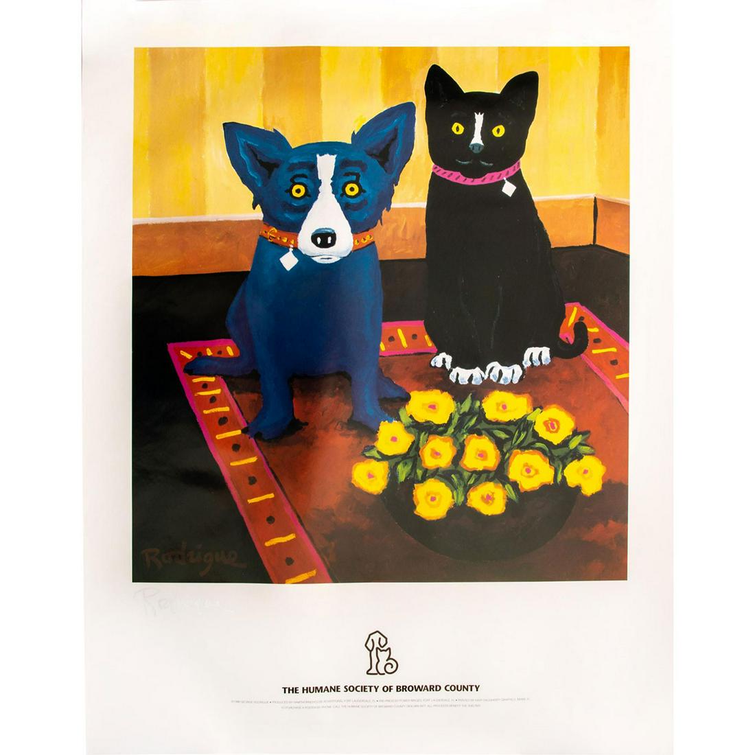 GEORGE RODRIGUE HUMANE SOCIETY POSTER, BLUE DOG AND CAT: Artist hand signed. Exclusive release for 1999 animal benefit. This is an exclusive edition poster produced in 1999 by American Cajun artist George Rodrigue (1944-2013) to benefit the Humane Society o