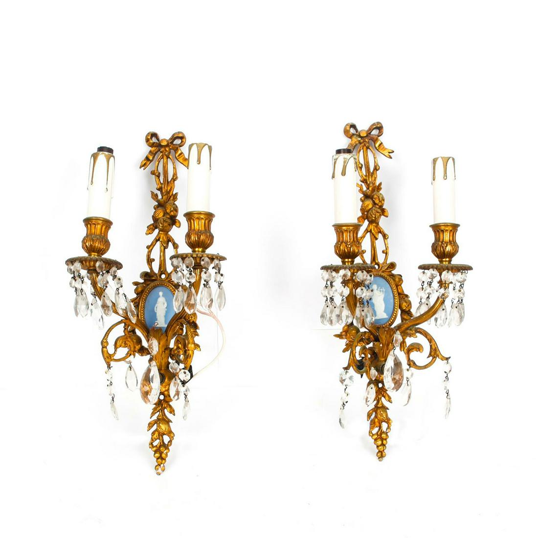 2 WEDGWOOD JASPERWARE STYLE BRONZE WALL SCONCES: Adorned with glass beads, dimmer knob. Issued: Early - Mid 20th c. Dimensions: 16"H x 7"W x 5"D, each