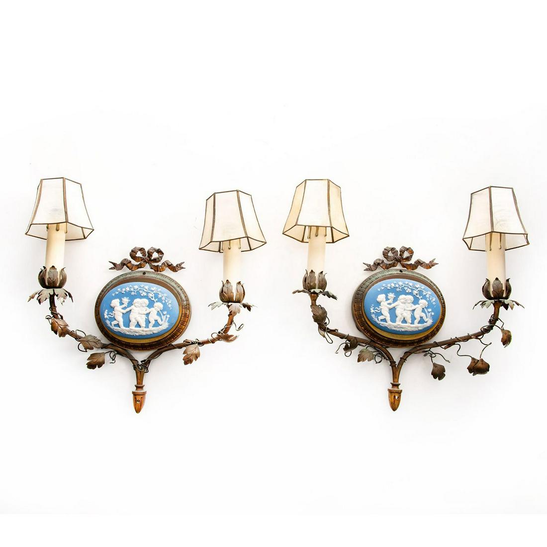 2 WEDGWOOD JASPERWARE STYLE FRENCH BRONZE WALL SCONCES: Leaf and vine bronze, cherubic porcelain designs. Manufacturer stamp, Made in France to back. Issued: Early - Mid 20th c. Dimensions: 13"L x 12"H x 2.75"D, each Country of Origin: France