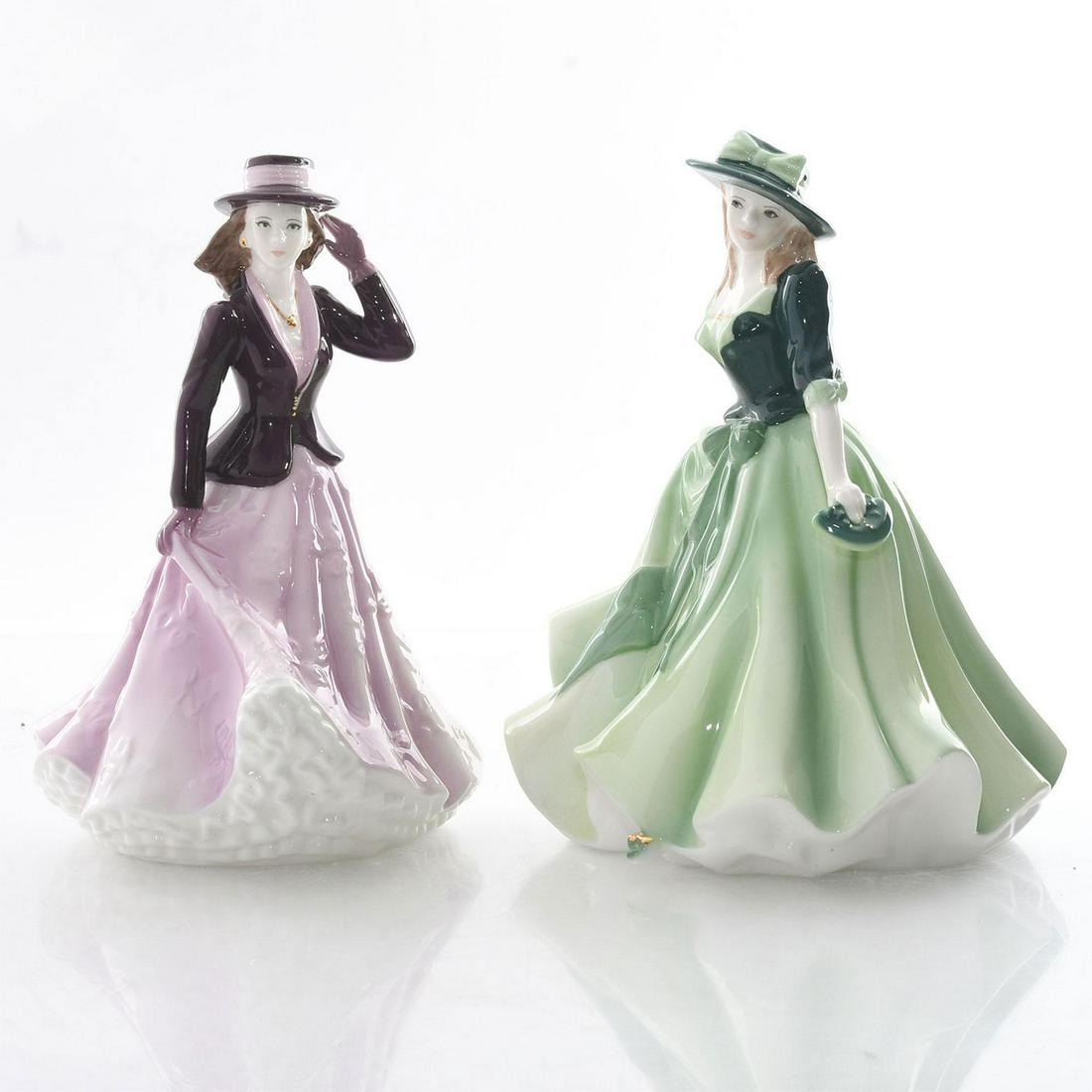 2 ROYAL WORCESTER FIGURINES HOLLY AND GEORGINA: Part of the Les Petites series. Royal Worcester backstamp. Issued: 21st c. Dimensions: 6.75"H, tallest Manufacturer: Royal Worcester Country of Origin: England