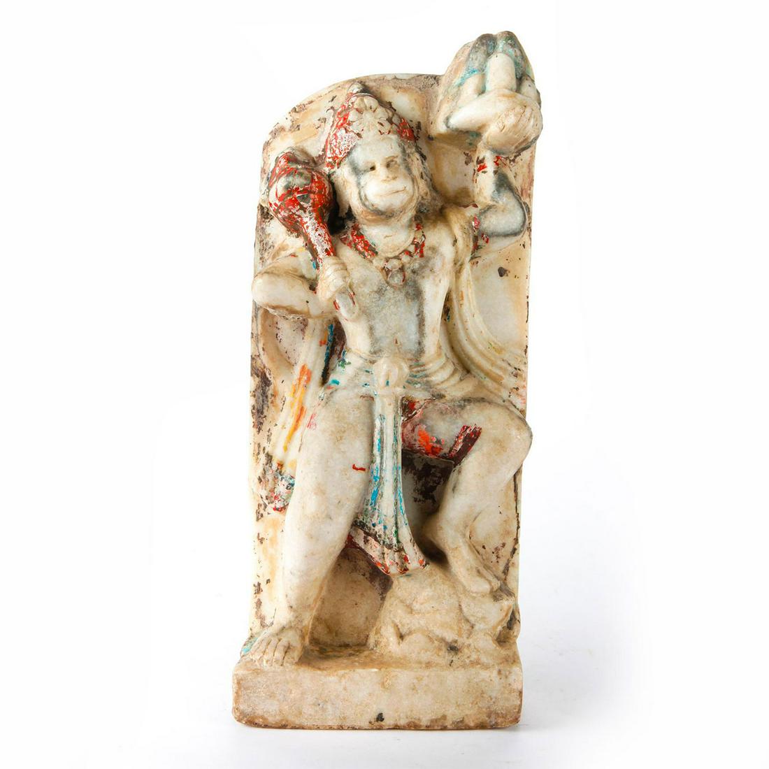 SOLID MARBLE HINDU GOD HANUMAN HOLDING GADA WEAPON: Impressive c. 17th century carved smooth marble figure. This is a large and impressive marble c. 17th century figure of Hanuman, the virtuous monkey headed Hindu divinity. Exquisite original pigments.