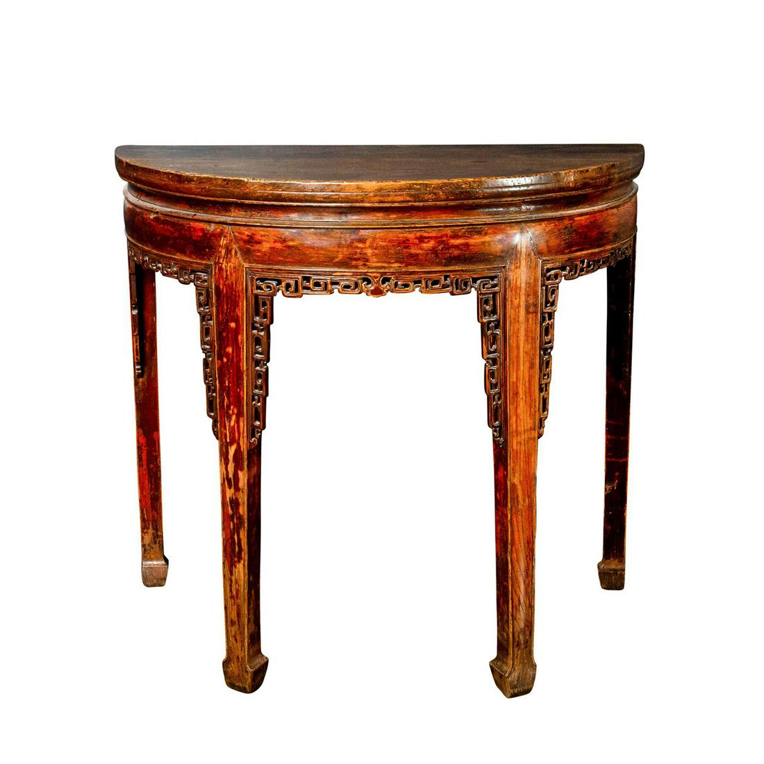 19TH C. DEMI LUNE ELM WOOD TABLE, QING STYLE: Elm wood half-moon table with hand carved elements. Issued: 19th c. Dimensions: 35.75"W x 33"H Country of Origin: China Provenance: Collection of John J. Lanzendorf