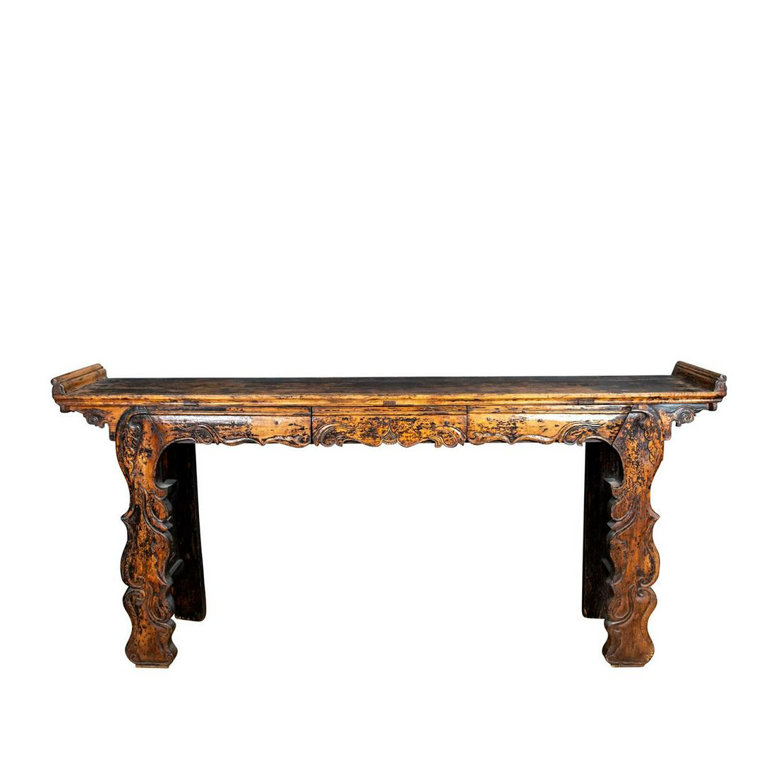 QING DYNASTY NORTHERN CHINESE ALTAR TABLE, SHANXI: Large traditional piece with rich patina. Stylized provincial legs. An exemplary Northern Chinese temple altar table handmade in Shanxi Province c. 1850. Original rich antique patina and incised carve