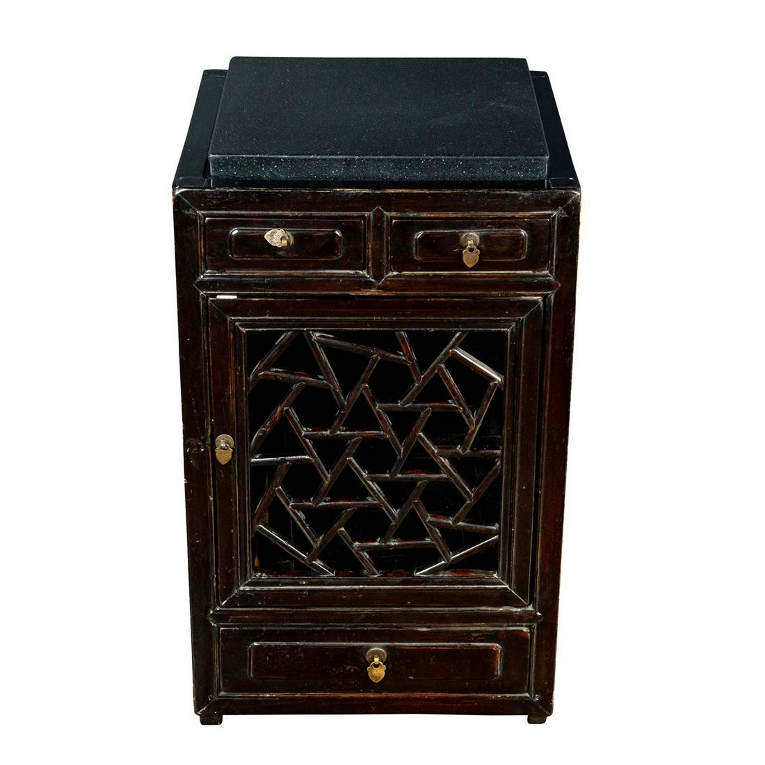 19TH C. CHINESE WOODEN CRACKED ICE STAND: Black lacquer over elm wood. 3 drawers; 1 door. Black marble top. Broken panel on the inside. Issued: late 1800s Dimensions: 26.5"H x 16"W x 16"L Country of Origin: China Provenance: Collection of Joh