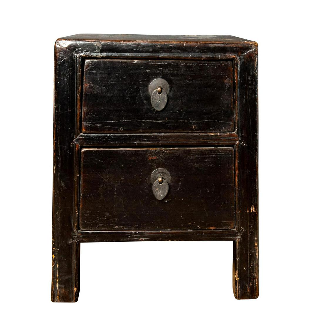19TH C. CHINESE WOOD MINIATURE CHEST, TWO DRAWERS: Late 1800s small wood chest with two drawers and metal handles. Issued: 19th c. Dimensions: 16.5"H Country of Origin: China Provenance: Collection of John J. Lanzendorf