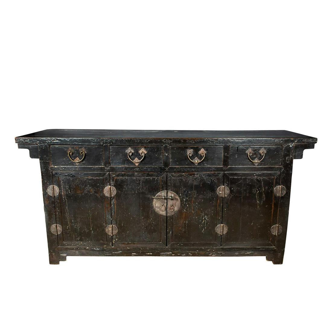 LATE 1800s BLACK LACQUER ELM WOOD CHINESE COFFER: 6 foot coffer with bronze mechanicals and swinging doors. Issued: 1800 c. Dimensions: 72"W x 21.5"D x 33"H. Country of Origin: China Provenance: Collection of John J. Lanzendorf