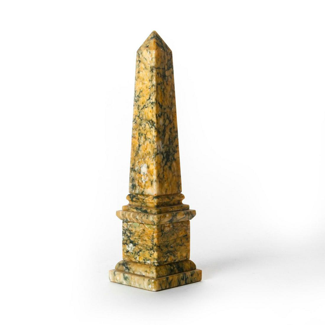 ANTIQUE MARBLE CREAM COLORED OBELISK: Hand carved heavy marble. Issued: 20th c. Dimensions: 10.5"H, .6 lbs. Provenance: Collection of John J. Lanzendorf