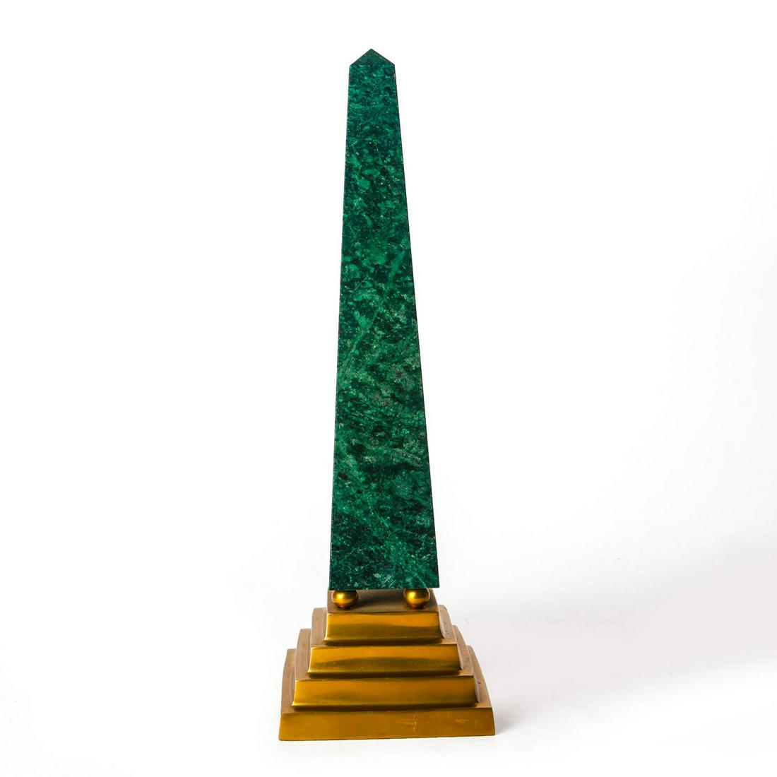 VINTAGE RAJASTHAN DARK GREEN OBELISK WITH BRASS BASE: Indian antique heavy marble stone on brass orbs. Issued: 20th c. Dimensions: 14"H, 5 lbs. Provenance: Collection of John J. Lanzendorf
