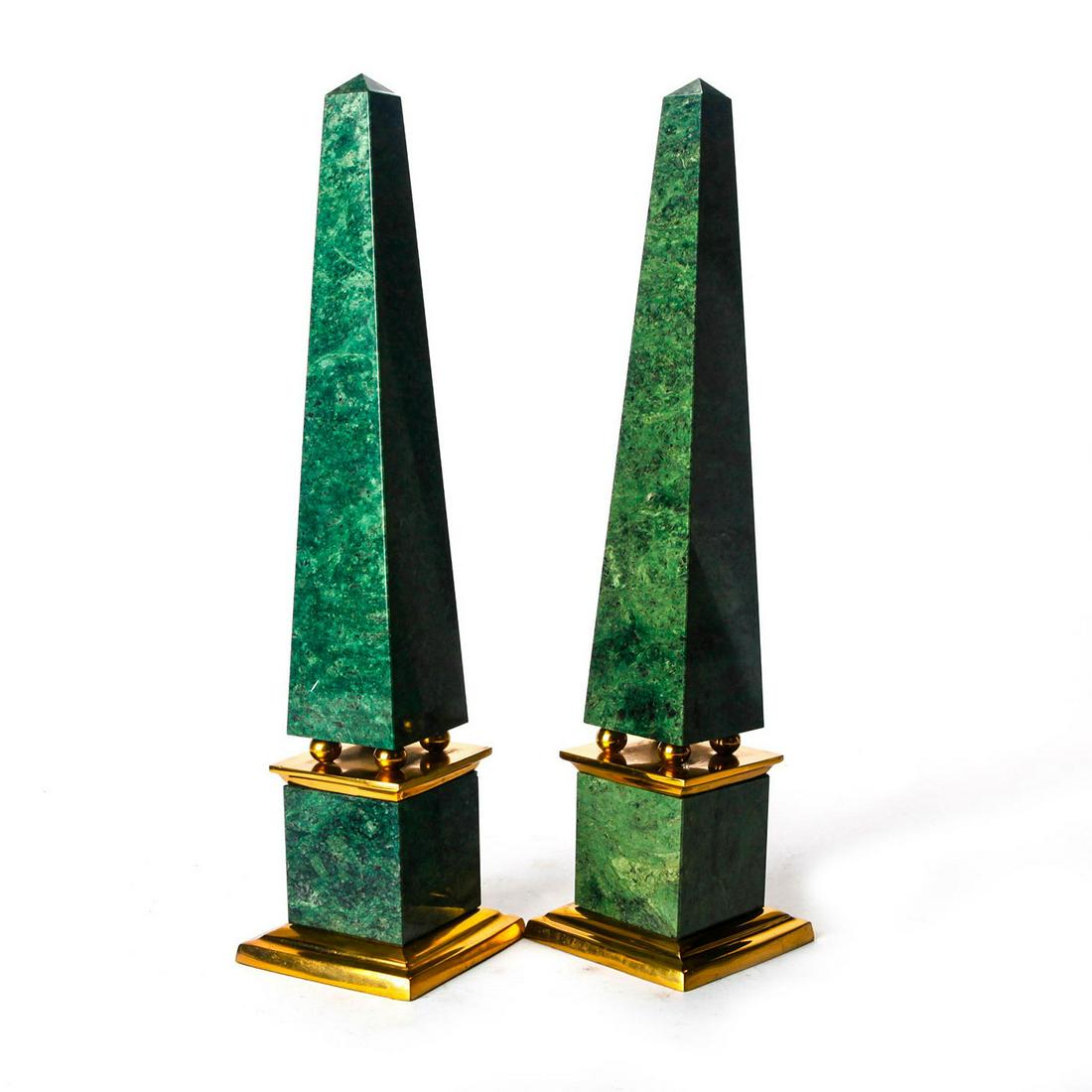 2 RAJASTHAN DARK GREEN OBELISK WITH BRASS BASE: Indian antique heavy marble stone on brass orbs. Issued: 20th c. Dimensions: 16"H, 4.5 lbs. Provenance: Collection of John J. Lanzendorf