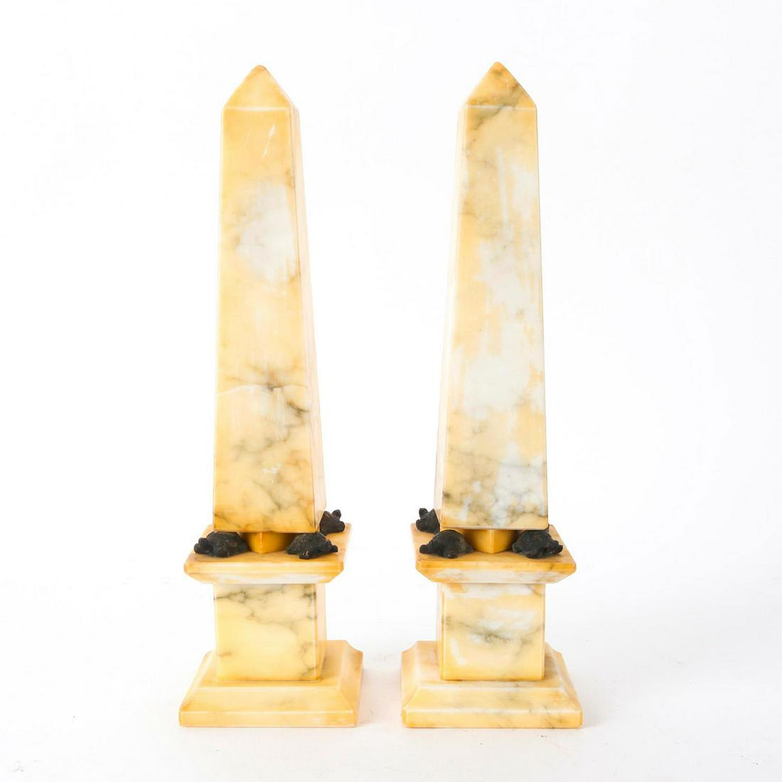 2 VINTAGE ASIAN CREAM MARBLE DECORATIVE OBELISKS: Smooth cut marble with base has 4 good luck tortoises. Total weight 7 Lbs. Issued: 20th c. Dimensions: 14"H Provenance: Collection of John J. Lanzendorf