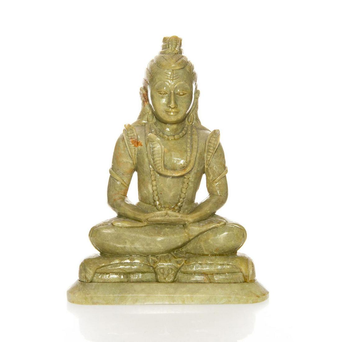 CARVED HARD STONE SCULPTURE, MANASA DEVI: Indian goddess of snakes, in carved green stone. Made in India sticker to bottom. Issued: 20th c. Dimensions: 6.75"L x 3"D x 8.75"H Country of Origin: India Provenance: David Farin Collection