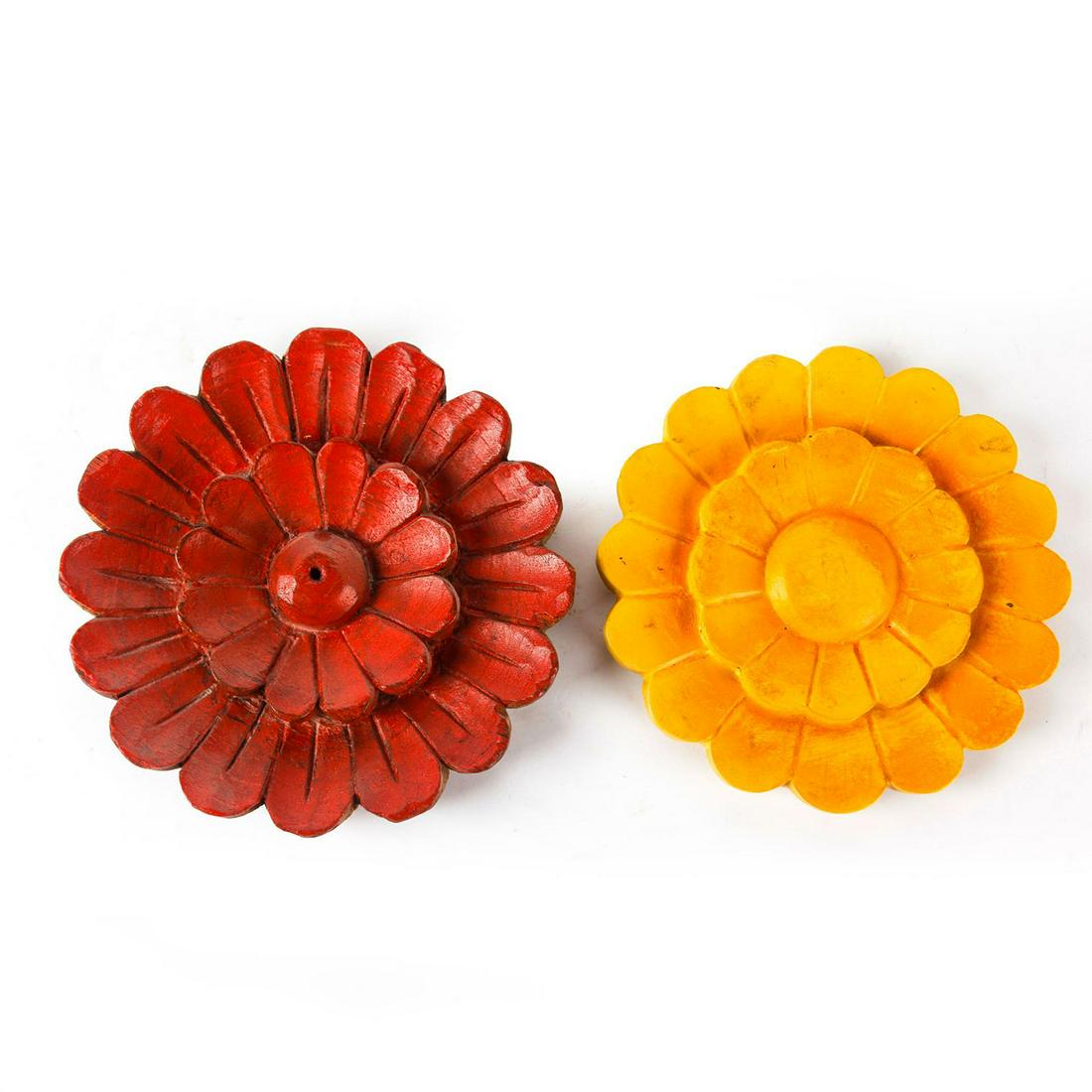 2 CARVED WOODEN FLORAL WALL PLAQUES: Lotus flower wall art; yellow and red colorway. Hanger intact. Handcrafted wall decor. Issued: 20th c. Dimensions: 8.75"W, largest Provenance: Collection of John R. Lanzendorf