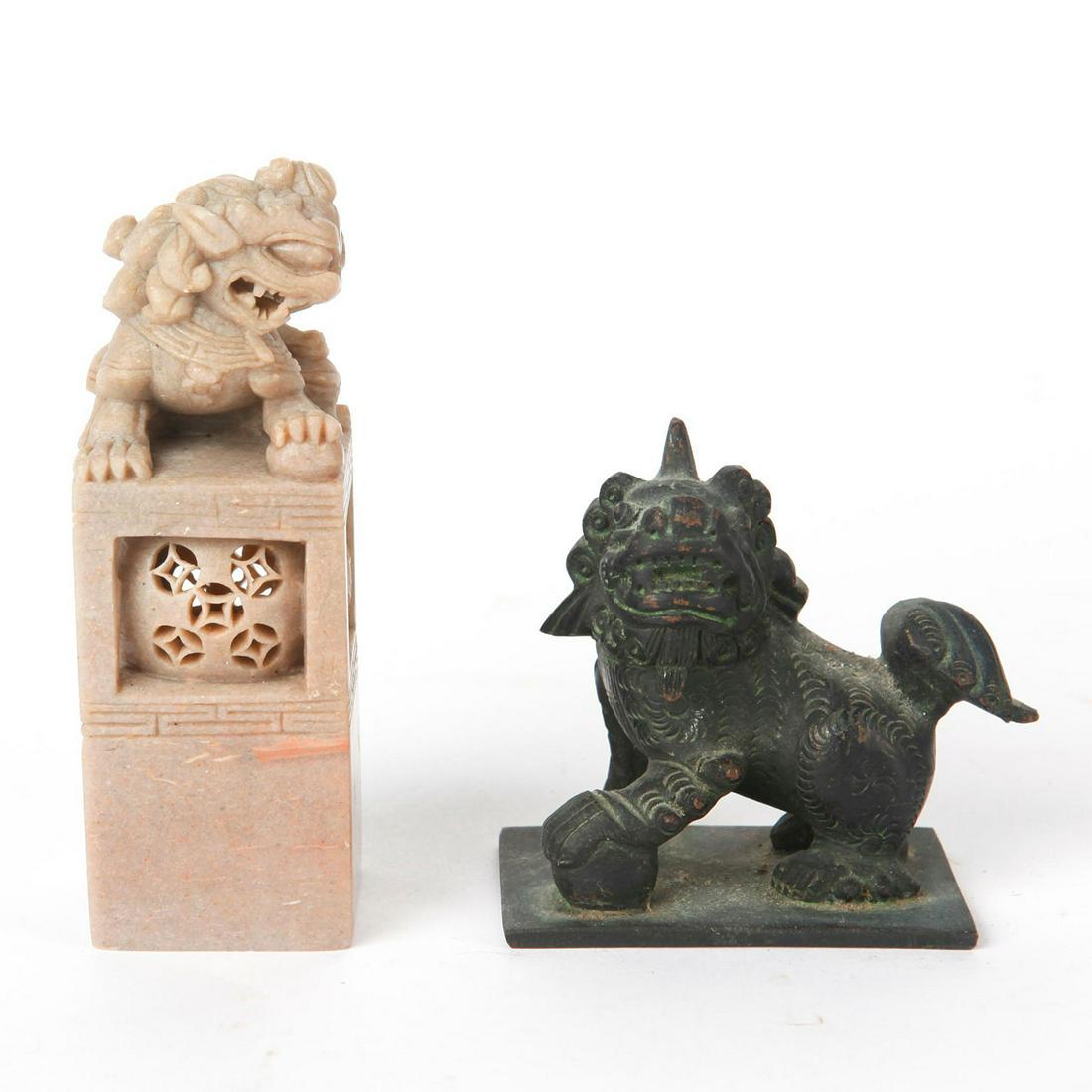 PAIR, BRONZE AND CARVED STONE DOG OF FOO SCULPTURES: Small, traditional Chinese guardian lion figures. Bronze is signed to bottom. Issued: 20th c. Dimensions: 4.75"H, tallest Provenance: David Farin Collection