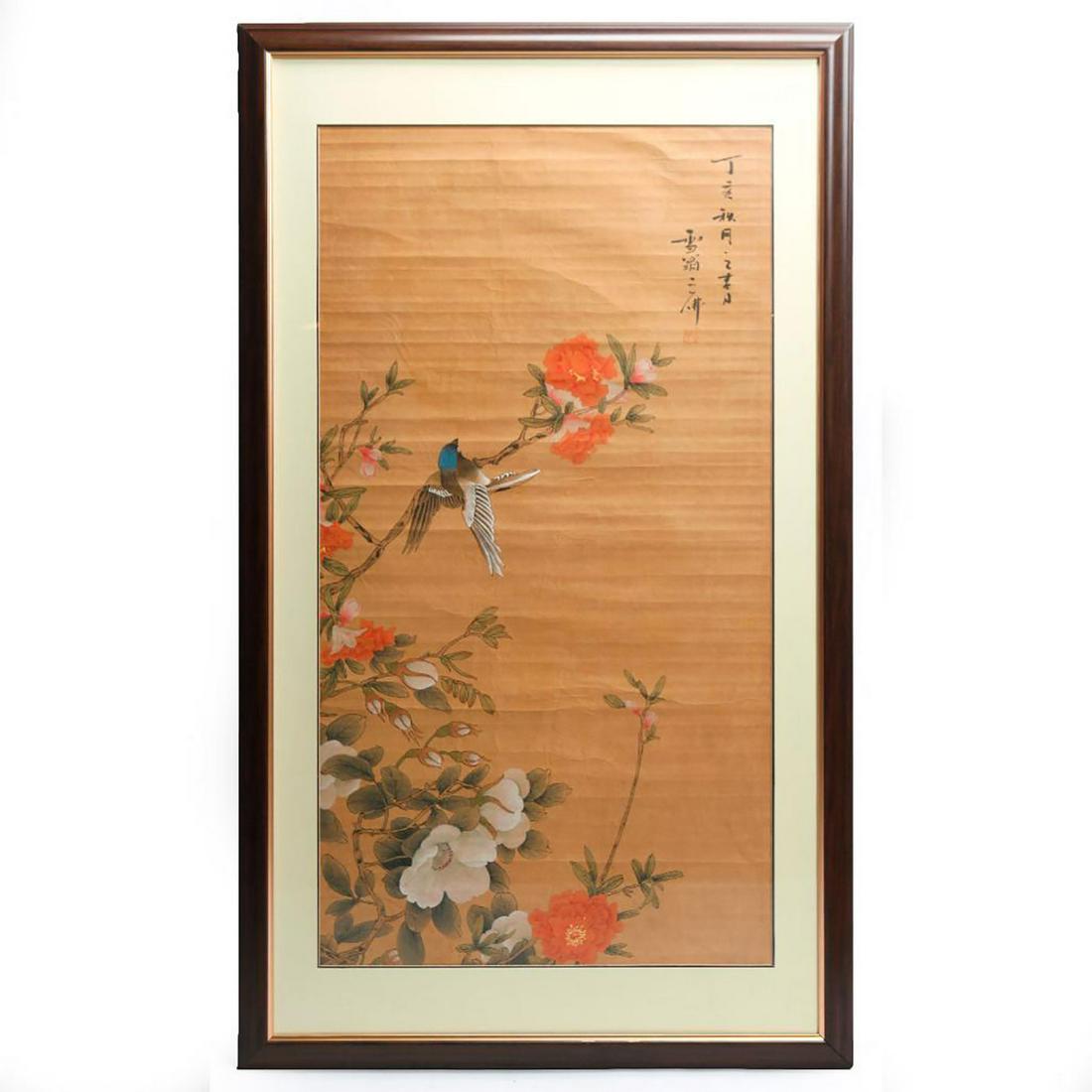VINTAGE FRAMED ASIAN JAPANESE WATERCOLOR ON RICE PAPER: Chrysanthemums, cherry plums & central Bird of Paradise. Signed. Exemplary mid 20th century Japanese rice paper art, with hand applied decoration in delicate coral toned chrysanthemums, white cherry p