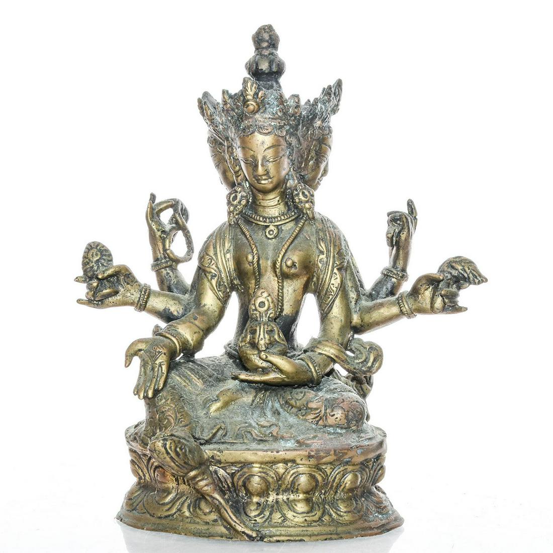 BRONZE ALLEGORICAL HINDU STATUE, DATTATREYA LORD OF: The Hindu Trimurti of Brahma, Vishnu & Shiva as one. Rich patina. Issued: c. 1980 Dimensions: 6.5"H x 5.5"W Country of Origin: Indonesia Provenance: David Farin Collection