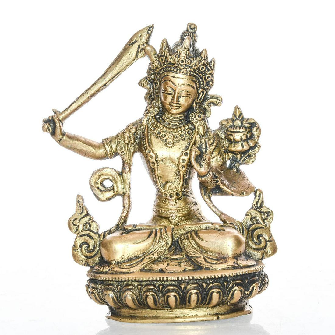 BRONZE ALLEGORICAL HINDU STATUE, SHIVA MAHADEVA: The Hindu god depicted seated with sword raised overhead. Issued: c. 1980 Dimensions: 6"H x 4.5"W Country of Origin: Indonesia Provenance: David Farin Collection