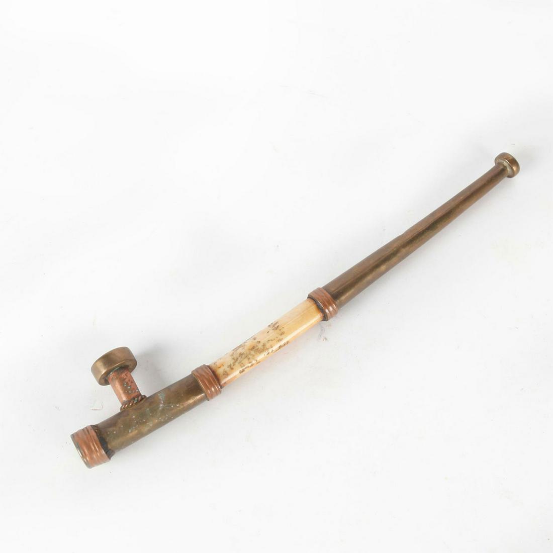 ANTIQUE BRONZE COPPER AND BONE PIPE: Unique pipe with metal alloys and bone. Issued: 20th c. Dimensions: 10.5"L Provenance: David Farin Collection