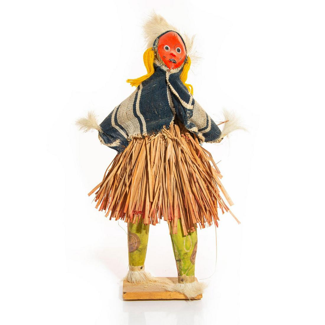 KWENI AFRICAN DANCE DOLL ON WOODEN BASE: Tribal festival wooden doll with Guro mask and Cloak. Issued: 1950 c. Dimensions: 18"H Provenance: David Farin Collection