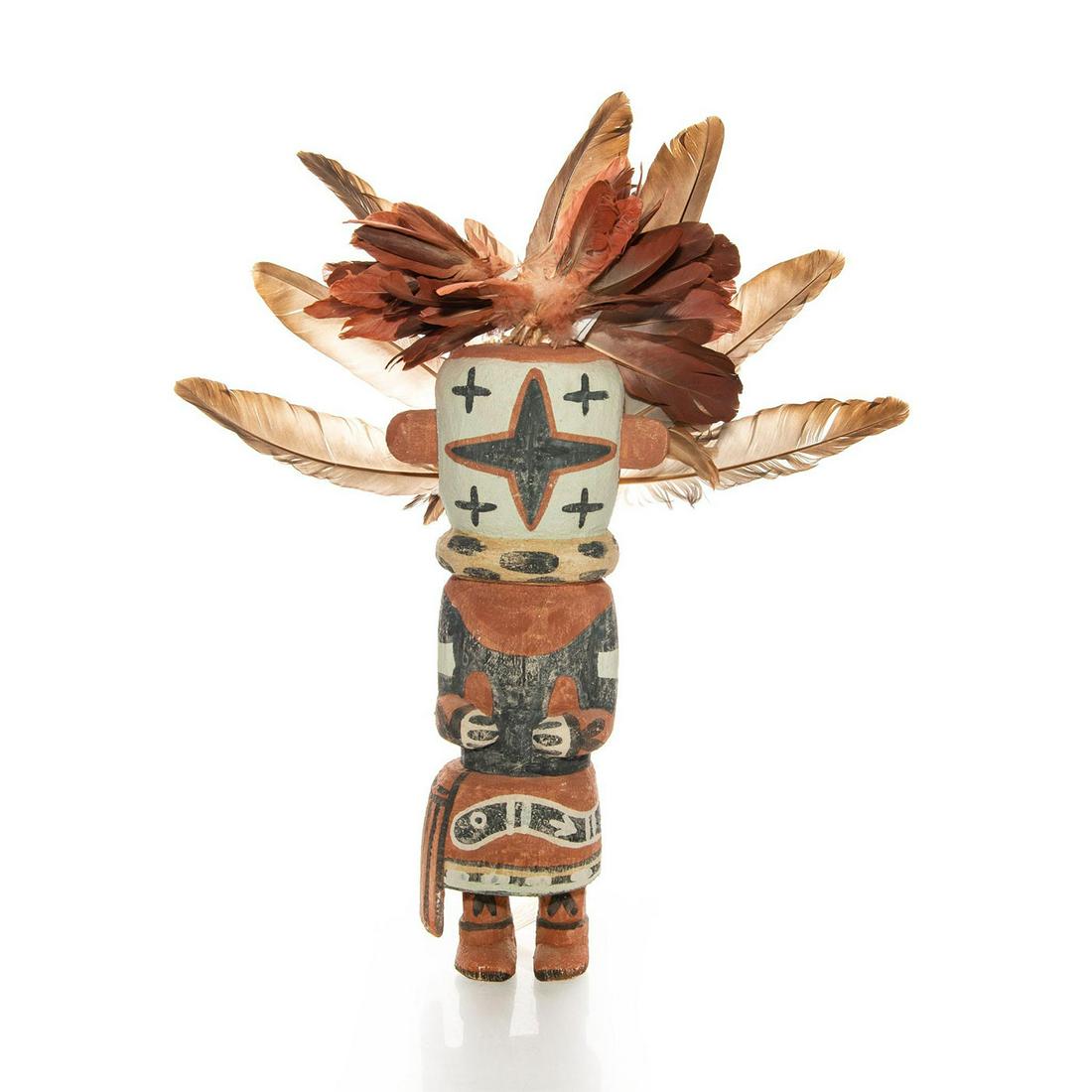 NATIVE AMERICAN TRIBAL HAND MADE KACHINA STATUE DOLL: Wood, clay, and fabric in likeness of a Native Hopi spirit. Hand made reproduction of a 19th century motif, STAR KACHINA, by Hopi Pueblo artist Manfred Susunkewa (b. 1940). Decorated with pigeon feath