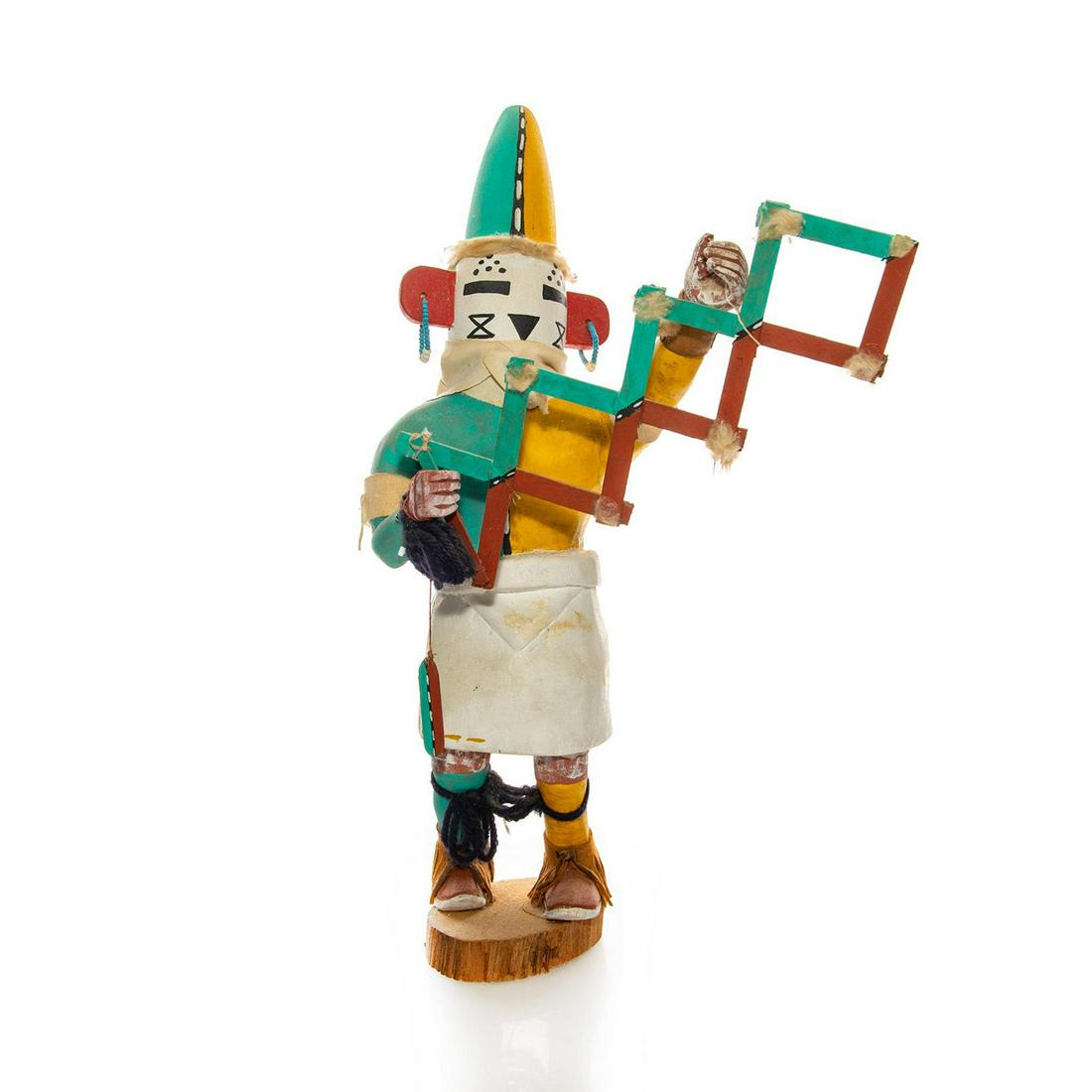 LARGE NATIVE AMERICAN TRIBAL KACHINA STATUE, LIGHTING: Artist signed. Wood, clay, other materials, Native Hopi spirit. Hand made with wooden base and decorated in exquisite detail. Wooden figure with mud clay head, depicting native spirit in the tradition