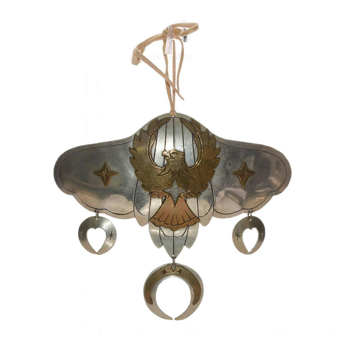 NATIVE AMERICAN LAKOTA SIOUX SILVER & GOLD CHEST GORGET: Tribal Thunderbird jewelry necklace with 14k gold. Hallmarked. This is a large Native American Sioux tribal necklace chest plate gorget in Hallmarked silver with a central image of a Thunderbird, a su