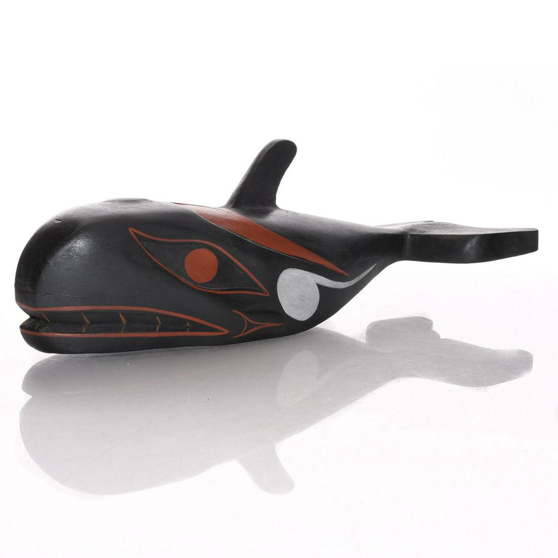 NATIVE AMERICAN MAKAH HAND CARVED WOODEN RATTLE, WHALE: Signed by artist Ben Della, made in the Coast Salish tradition. A beautiful and unique hand-carved sculpture, WHALE RATTLE, created by Native American artist Ben Della (b. 1948) in the Coast Salish tr
