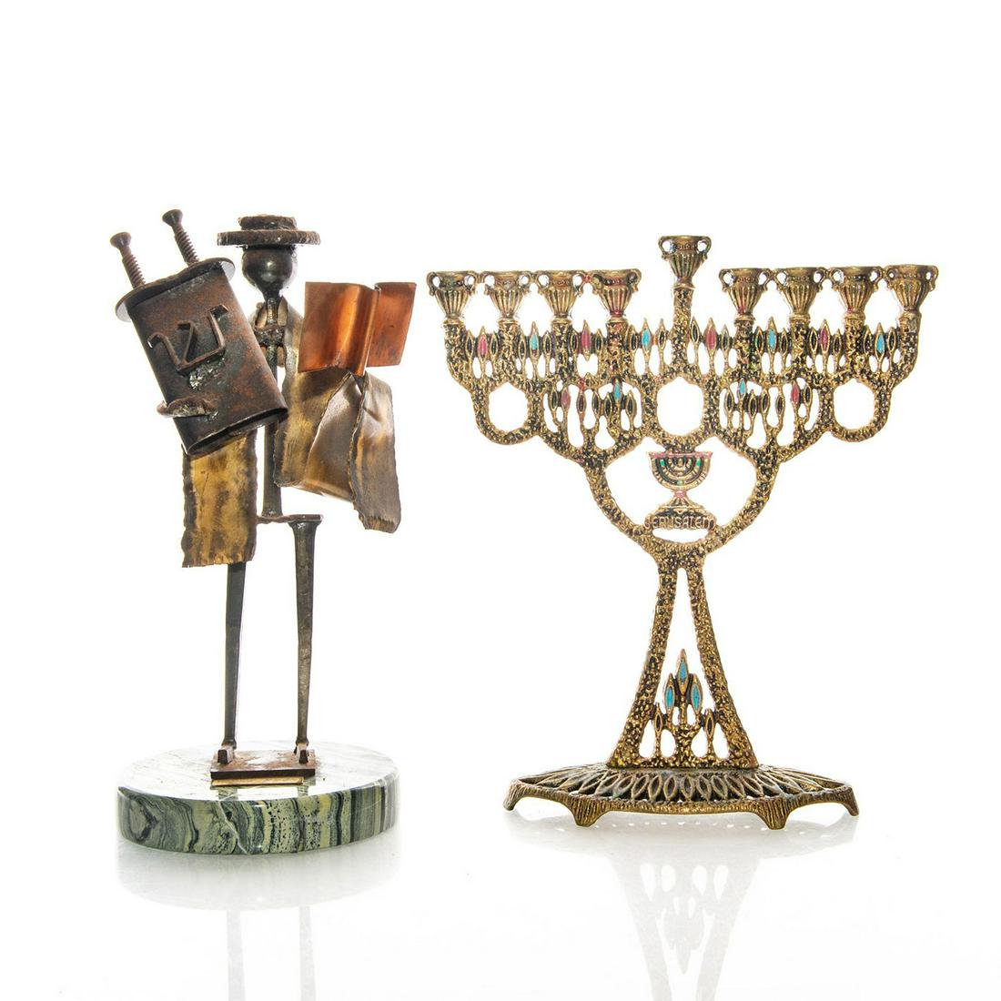 BRONZE MENORAH, BRONZE AND IRON RABBI SCULPTURE: Menorah marked Israel Export Quality, Rabbi signed David Wolfe. Patina to Rabbi sculpture. Issued: 20th c. Dimensions: 11"H, tallest Country of Origin: Israel Provenance: David Farin Collection