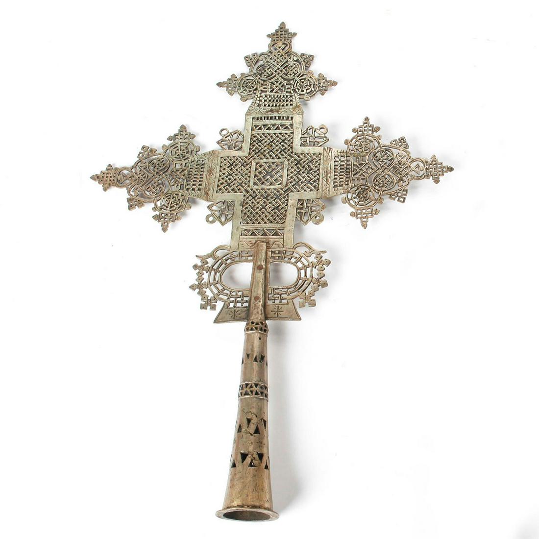 ETHIOPIAN COPTIC CROSS STAFF TOPPER: Reticulated cross staff topper. Issued: 20th c. Dimensions: 22.5"H Country of Origin: Ethiopia Provenance: David Farin Collection