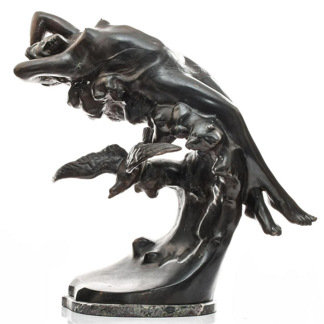 ART DECO BRONZE NUDE SCULPTURE AFTER EDUARDO ROSSI: Allegorical study. Female atop a wave with seagull. Artist signed. An allegorical bronze sculpture, a nude female riding a crested wave with a seagull bird in tow. Incised lines in her hair and coveri