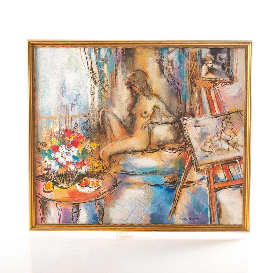 MICHAEL ROZENVAIN CONTEMPORARY OIL ON CANVAS PAINTING: Scene of nude female on couch, flowers, easel. Signed by artist, bottom right. Artist: Michael Rozenvain Issued: Late 20th - Early 21st c. Dimensions: 29"L x 25"H, framed Country of Origin: Israel Pro